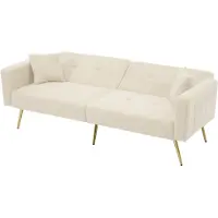 STILVORA slaapbank, hoekbank met bedfunctie en verstelbare hoek. Chaise longue met kussens en zijvakken, gouden poten, beige kleur