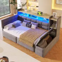 STILVORA Daybed 90x190 Cm – Slaapbank Met Ledstrip – Usb En Type C Opladen – 2 Lades En Opbergbank – Zonder Matras – Fluweel – Donkergrijs