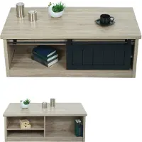 Mendler Salontafel HWC-K75, bijzettafel, woonkamertafel, met schuifdeuren en 6 opbergvakken, houtlook, metaal, 44x120x60 cm, naturel kleur