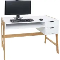 Mendler Bureau -K12, bureau computerbureau werktafel, lade, bamboe 76x115x58cm ~ wit