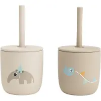 Done by Deer Celebration Silicone Pack Of 2 Cups With Straws Beige