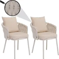 Mendler Set van 2 aluminium eetkamerstoelen -P89, binnenstoel met armleuningen, stof/textiel (180 g/m²) touwvlechtwerk ~ crème