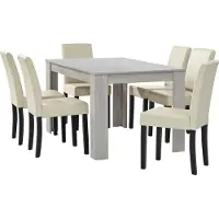 En.casa [] Eettafel eikenhout, wit, met 6 stoelen, crèmekleurig kunstleer bekleed, afmetingen 140x90 cm. Eetset voor de eetkamer