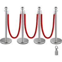 Vevor roestvrijstalen afzetpaal met touw, kogelkop, 3 rode fluwelen touwen, zilverkleurige paal, 4-pack crowd control barriers