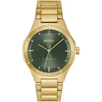 HUGO quartz goud heren horloge met groene wijzerplaat & roestvrij stalen band