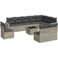 vidaXL 11-delige Loungeset met kussens poly rattan lichtgrijs