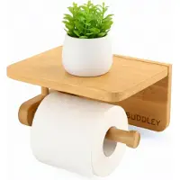 BUDDLEY Toiletrolhouder met plankje - Bamboe - Zonder boren - Closetrolhouder - Toiletpapierhouder - WC rolhouder - WC rol houder - Toiletrol houder - wcrol houder - Met Planchet - Zelfklevend - Hout