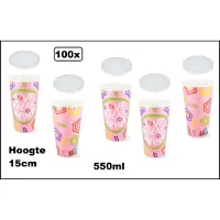 TakeAware 100x Milkshake beker Relax roze 550ml + 100x deksel - Karton - Drinken beker thema feest festival evenement fun diner milkshakebeker