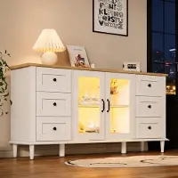 OKWISH Dressoir Sideboard Met Led Verlichting Voor Woon En Eetkamer MDF Wit En Houtkleur 150×40×75 Cm 2 Deuren 6 Lades