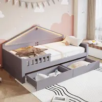 STILVORA Kinderbed 90x200 cm, eenpersoonsbed met LED-lichtbalk en lattenbodem, bed met opbergruimte en 2 lades, tienerbed voor de slaapkamer met app-bediening, grijs