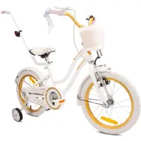 Sun baby Heart Bike Fiets voor een meisje van 4 tot 6 jaar, 16 inch Wit Goud, met fietsbel, zijwieltjes, duwstang en stuurmandje