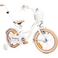 Sun baby Flower Bike Fiets voor een meisje van 4 tot 6 jaar, 16 inch Wit Beig, met fietsbel, zijwieltjes, duwstang en stuurmandje