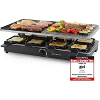 Emerio Gourmet-Steengrill - Raclettegrill - 1400W - 8 Personen - Indicatielampje - Regelbare thermostaat - Half Steengrill/Half Grillplaat - Incl. 8 Houten Spatels + Pannetjes - RG-110035 Zwart