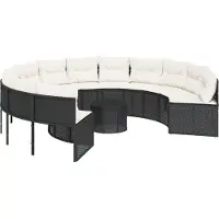 vidaXL Tuinbank met tafel en kussens rond poly rattan zwart
