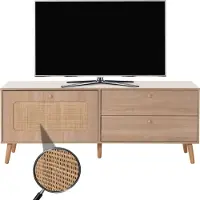 Mendler TV-rek -M38, lowboard TV-tafel TV-meubel ladekast, lade deur, Kubu rotan hout 56x140x41cm eiken-look