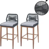 MCW Set van 2 Touw barkrukken -O21, buiten zitkussen touw vlechtwerk metaal hout-look ~ antraciet, kussen lichtgrijs