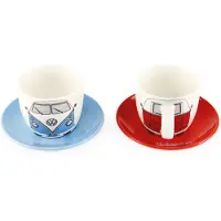Vento VW Collection - Volkswagen Set van 2 keramische espressokopjes en -mokken met schotels T1 Bulli Bus- motief (100ml/front/2 kleuren)