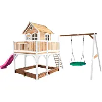Axi Liam Speelhuis op palen, zandbak, nestschommel & paarse Glijbaan | Speelhuisje voor de tuin / buiten in bruin & wit van FSC hout | Speeltoestel voor kinderen