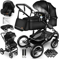 Kiduku KIDUKU- 3 in 1 combi-kinderwagen- zwart- buggy incl. autostoeltje-regenhoes- inklapbaar