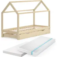 VitaliSpa Wiki Huisbed – 90x200 cm met logeerbed en 2 matrassen Natuurlijk hout