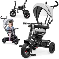 HyperMotion Grijze Evolutieve Driewieler voor Kinderen - - 1 tot 20 kg, Babyfiets met Handvat, Duwstang, Pedalen, Omkeerbaar Zadel, Mand Tas