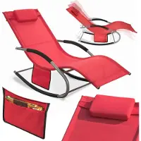 SoBuy Ligstoel, Tuinstoel, Schommelstoel met Verstelbare Hoofdsteun, Opbergzak, voor Tuin,Buiten, Balkon, Strand, ontspanning, zonnebad, Rood, OGS28-R
