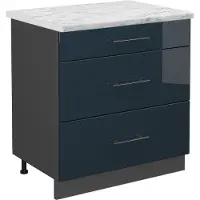 Vicco Keukenonderkast Fame-Line Donkerblauw hoogglans 80 cm met 3 laden, WB Marmer, Model 48893