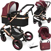 Kiduku KIDUKU- 3 in 1 combi-kinderwagen- bordeaux/goud- buggy incl. autostoeltje-regenhoes- inklapbaar