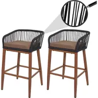 MCW Set van 2 Touw barkrukken -O22, buiten zitkussen touw vlechtwerk metaal hout-look ~ antraciet, kussen taupe