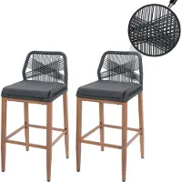 Mendler Set van 2 Touw barkrukken -O21, buiten zitkussen touw vlechtwerk metaal hout-look ~ antraciet, donkergrijs kussen