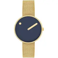 Picto Design Dameshorloge Donkerblauwe Wijzerplaat en Gouden Mesh Horlogeband 34018-0914G - 34mm