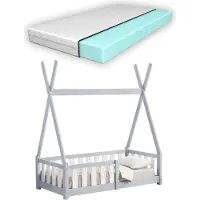 En.casa Kinderbed Helsingborg Tipi met uitvalbeveiliging en matras 70x140 cm lichtgrijs