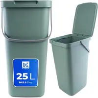 Kadax Afvalemmer, met deksel en handvat, van plastic, vuilnisemmer, voor afvalscheiding, rechthoekig, met klapdeksel, groen, 25 l