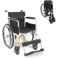 Mobiclinic Denver - Rolstoel - Opvouwbare rolstoel - Afneembare rugleuning en voetensteun - Staal - Grote wielen 45cm - Zwart en beige