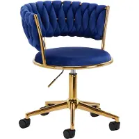 Activeshop QS-GW01G Salonstoel & Bureaustoel Marineblauw Fluweel – In Hoogte Verstelbaar – Met Wielen – Goudkleurig Onderstel