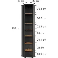 Vicco Hoge hoekkast Irma, Antraciet/Goudkleurig Eiken, 33 x 192 cm 7 compartimenten