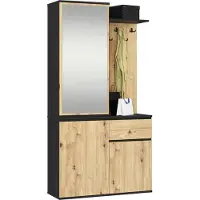 Akord Hal set met spiegel ENTRO / Halmeubel met 3 Deuren en 1 Lade / Hal Kast / Kapstok en Schoenenkast / Zwart - Artisan Eik / 95 x 183 x 35 cm