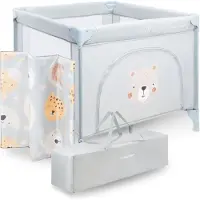 Moby-System Kinderbox met Matras en Draagtas, Grote, Opvouwbare, Vergrendelbare Wielen, Stevig Frame, Antislipkussentjes, 97 x 100 x 77 cm, Teddybeer