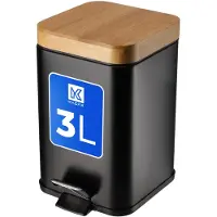 Kadax Afvalemmer van gepoedercoat staal, 3 liter, emmer met bak en voetpedaal, afvalemmer met softclosemechanisme, vuilnisemmer met bamboedeksel (zwart)