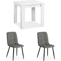 Homestyle4u Eetset bestaande uit: 2 stoelen met linnen bekleding, grijze fauteuilstoelen, een witte eettafel van 80x80 cm, en een massief houten eetkamertafel