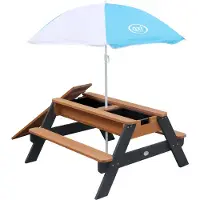 Axi Nick Zand & Water Picknicktafel in Antraciet/Bruin - Met Parasol in Blauw/Wit - Multifunctionele Picknick tafel van FSC hout - Picknick tafel voor kinderen van hout