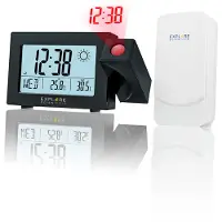 Bresser Explore Scientific RDW3008 | Radio gestuurde digitale projectiewekker | Groot Display | Weersvoorspelling | Dag aanduiding | Binnen – en buitenthermometer | Zwart