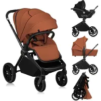 Lionelo Kombikinderwagen Mika Plus 3-in-1, geschikt tot 38 maanden (22 kg), XXL-zonnekap met UPF50+, verstelbare duwstang in 3 standen - Bruin/Roodbruin