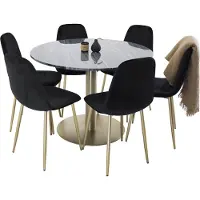 Ebuy24 EstelleØ106BLBR eethoek eetkamertafel zwart, marmer en 6 Polar eetkamerstal velours zwart, messing decor.