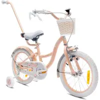 Sun baby Flower Bike Fiets voor een meisje van 4 tot 6 jaar, 16 inch Abrikoos, met fietsbel, zijwieltjes, duwstang en stuurmandje
