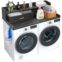 Vevor Wasmachine- en drogerblad met 2 lades en 2-laags plank, 1370 x 700 x 305 mm Houten wasmachine- en drogerblad met antislipmatten, waterbestendig