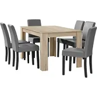 En.casa [] Eettafel van licht eikenhout met 6 stoelen, bekleed met lichtgrijs kunstleer. Afmetingen: 140x90 cm. Eetset voor de eetkamer