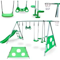 HyperMotion Grote kinderspeelplaats met schommel, glijbaan en basketbalveld, met gras