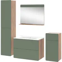 Vicco Izan Badkamermeubelset – 5 stuks met hoge en midi-eenheid Goldkraft eik/groen