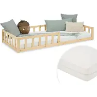 Homestyle4u Kinderbed 90x200 cm - Vloerbed met valbeveiliging en matras - Natuur